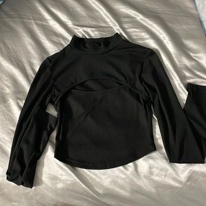 Black Mock Neck Cut-Out Rib-Knit Crop Top